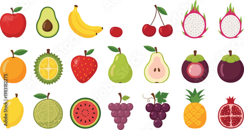 Colorful fruit vector set with apple avocado banana cherry pineapple watermelon grapes and exotic tropical illustration collection