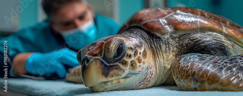 Veterinarian examining a sea turtle on a table for medical treatment