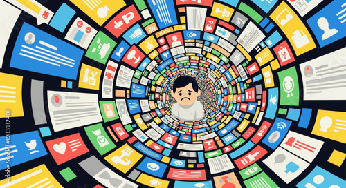 Navigating the digital chaos A person overwhelmed by a relentless stream of social media icons and online information, depicting the mental stress of digital overload