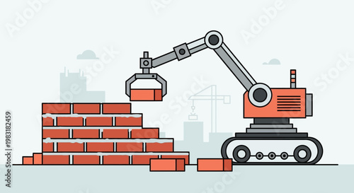 Modern heavy machinery, an excavator, diligently constructs a robust brick wall at an active urban development site, symbolizing growth, infrastructure, and engineering progress