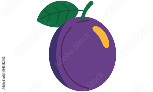 A vibrant purple plum with green leaf and yellow highlight on a clean white background illustration