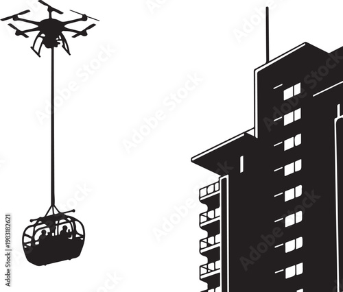 Drone, aerial lift, cityscape, silhouette, black and white, urban, construction