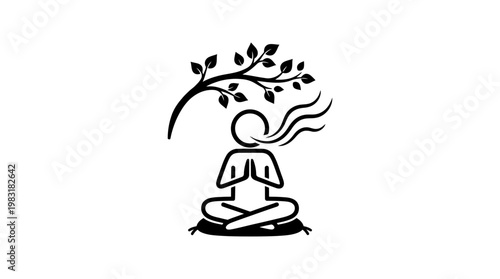 Meditating Person With Tree Branch and Breath Symbol