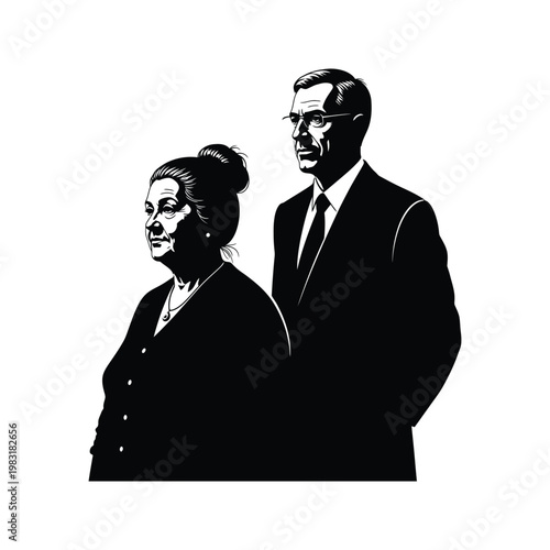 Senior man and woman portrait silhouettes in formal attire representing professional elders or grandparent figures standing.