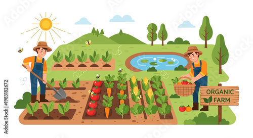 Farmers cultivating and harvesting fresh organic vegetables on a sustainable farm, showcasing a healthy agricultural lifestyle and vibrant summer growth