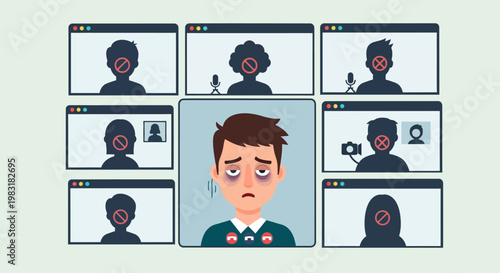 Overworked and exhausted video conference participant with muted and blurred colleagues during a stressful online meeting