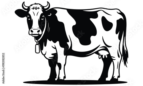 Black and white cow illustration with a tag on its ear standing on a plain background looking forward with its head slightly turned