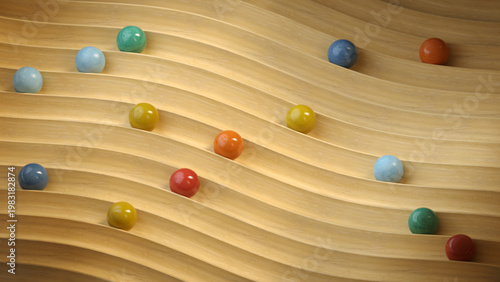 Colorful spheres rolling in the wooden grooves 3D render
