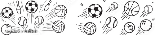 Collection of various sports balls and equipment in motion line art vector illustration football basketball baseball volleyball competition