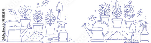 Line art vector illustration of gardening tools potted plants watering can with gardening seedling activity illustration collection