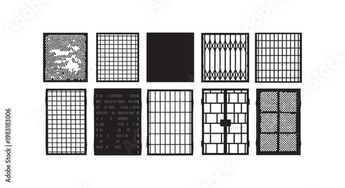 Set of window grill patterns and textures, decorative metal screens, various grid designs and security bars.