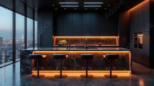 Luxury futuristic dark kitchen with black marble island, amber LED lighting and night city view.