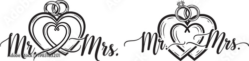 Mr. and mrs. wedding rings and heart design vector illustration with line art marriage ceremony together celebration eternity romantic partners