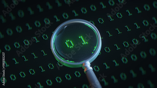 Magnifying Glass Highlighting Binary Code Data 3D rendering