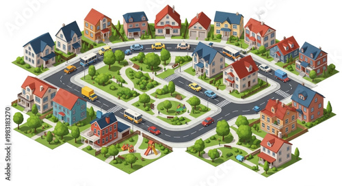 Cartoon Suburban Neighborhood with Houses and Streets.