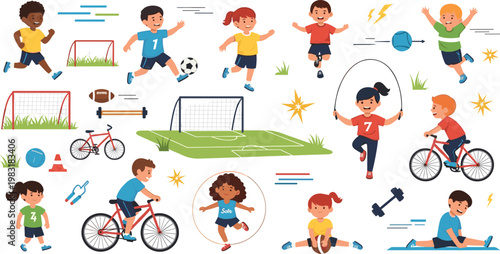 Children Playing Sports and Exercising Vector Set with Soccer, Cycling, Jump Rope, and Fitness Activities