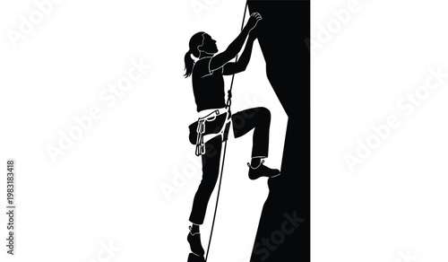A dynamic illustration depicts a rock climber ascending a steep cliff face secured with equipment presented as a silhouette high quality professional detailed modern