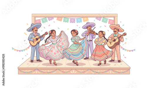 Vibrant Folkloric Dance Performance with Live Music on Stage