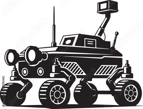 Robotic tank, futuristic vehicle, black and white illustration, robotic machine