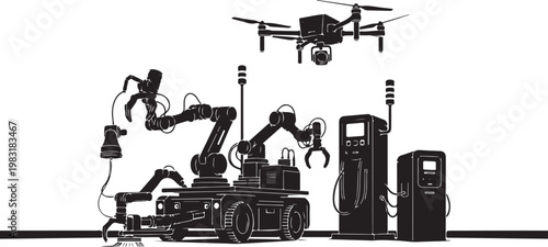Industrial robot, robotic arms, drone, gas pumps, black silhouette, industrial automation, factory machines