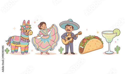 Vibrant Mexican Fiesta Celebration Flat Design Icons Set