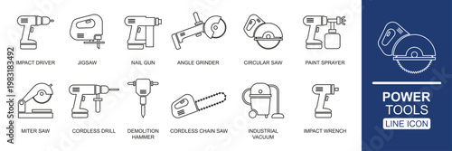 Power Tools Line Icon Set for Construction Carpentry and DIY Renovation Projects. Vector Illustration