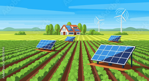 Sustainable farming with solar panels and wind turbines generating clean energy in a green rural landscape