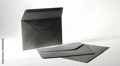A collection of dark grey or black envelopes, one standing upright and others lying flat on a surface