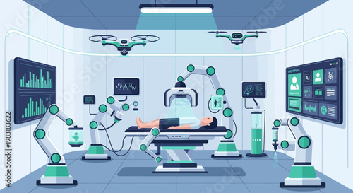 Innovative futuristic medical technology with advanced robotic surgery and AI diagnostics in a high-tech operating room setting