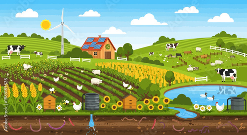 Vibrant cartoon farm landscape with crops, farm animals, a pond, and a wind turbine under a sunny sky