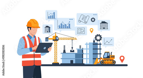 Construction scene illustration featuring a large yellow crawler crane lifting a heavy pipe, symbolizing infrastructure development and urban progress