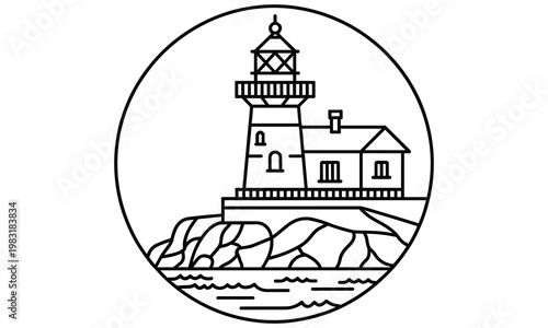 Vector illustration of a lighthouse on a rocky coastline in a circular frame with a house beside it