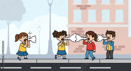 Children communicating loudly on a city street.