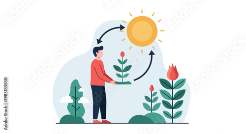 Man tending to plants under the sun, illustrating the plant growth cycle and photosynthesis process