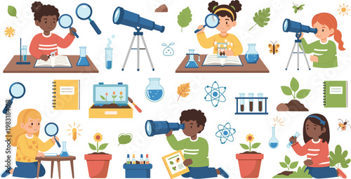 Children Science Exploration Vector Set with Magnifying Glass, Telescopes, Plants, and Fun Learning Activities