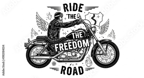 Biker Riding Motorcycle with Wings and Freedom Text.