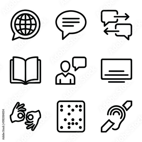  Language and Accessibility Outline Icons Set — Global Language, Chat, Translation, Book, User Talk, Subtitles, Sign Language, Braille, Hearing Aid