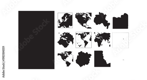 Set of world maps, various continents isolated on a white background for geographical and travel designs.