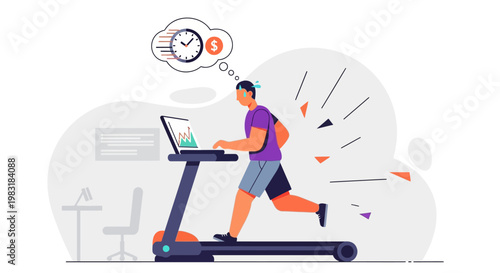 Man running on a treadmill while working on his laptop, symbolizing productivity and time management