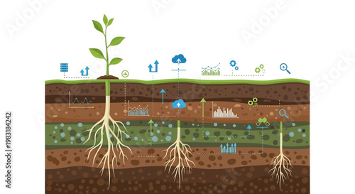 Illustration of a plant's root system growing through different soil layers with scientific icons