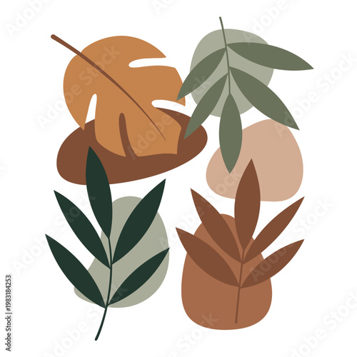 A colorful illustration of various LEAF shapes and sizes are arranged on a simple background with earthy tones and rounded geometric forms.