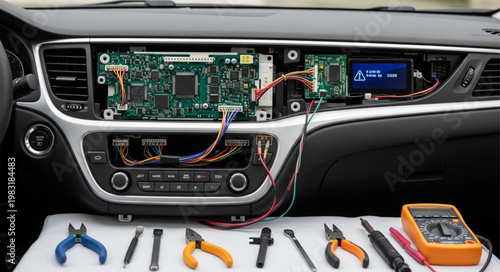 Car dashboard electronic circuit board repair and diagnostics.