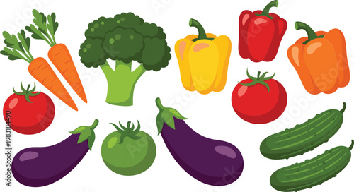 Fresh vegetables vector set with broccoli carrot tomato eggplant cucumber and bell peppers healthy food illustration collection
