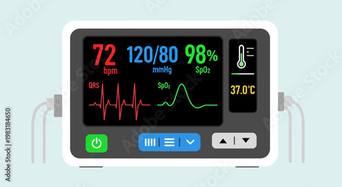 Medical vital signs monitor displaying heart rate, blood pressure, oxygen saturation, and temperature for patient health monitoring