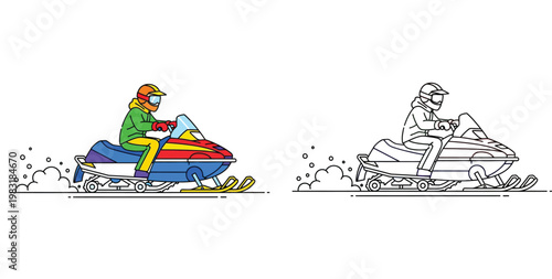 Man riding a snowmobile vector illustration set with colorful and black and white outline versions, winter outdoor activities, extreme motorsports, and coloring book page design.