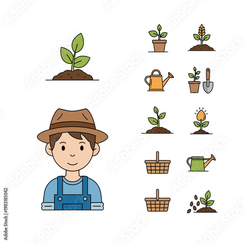 Gardening and Farming icons including farmer, plants, watering can, basket and growth cycle illustration