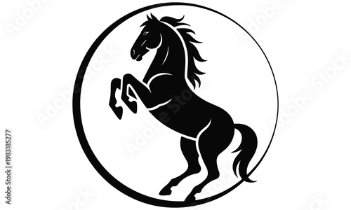 Black horse silhouette rearing up in a circular frame design