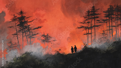 Silhouettes of a Burning Forest Under a Red Sky