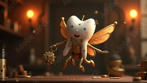 Steampunk tooth fairy with brass gear wings and clockwork tooth collection device flying
