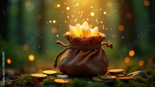 Tooth fairy magical glowing pouch overflowing with collected children teeth and gold coins, soft enchanted forest background